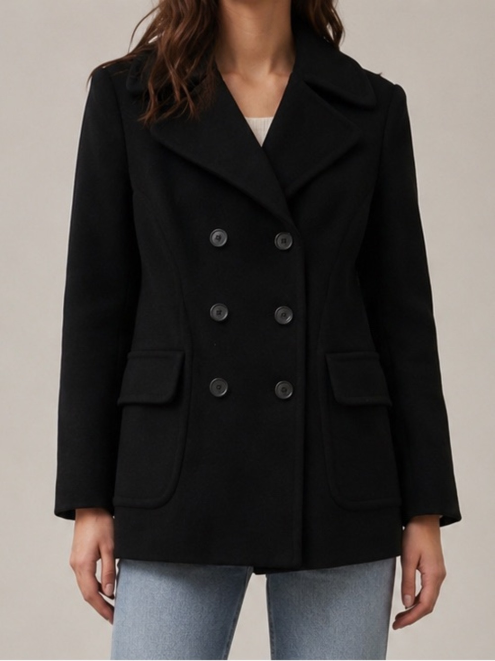 Fleurette Loro Piana 100% Wool Black Double Breasted Peacoat Size 6